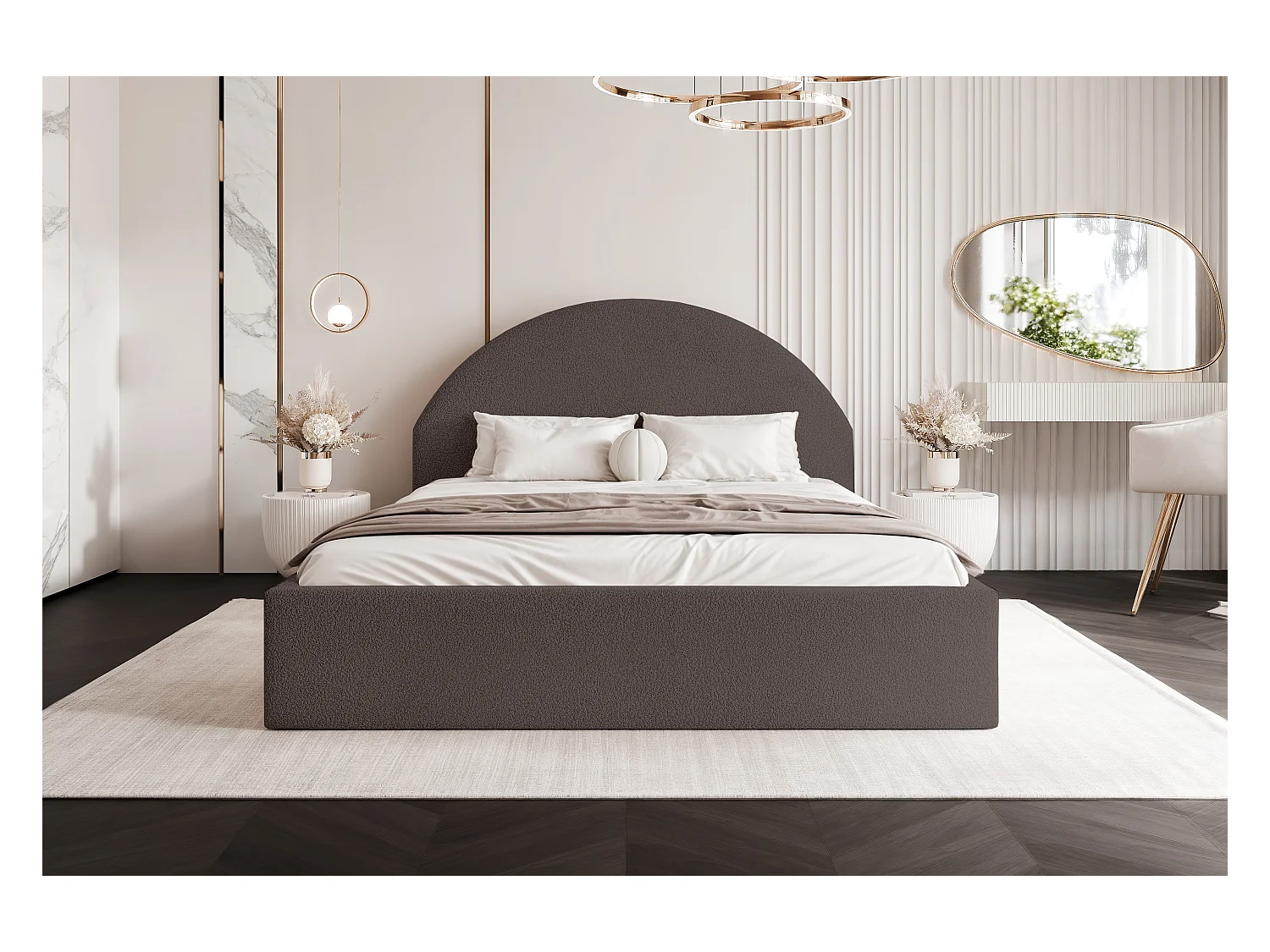 BESILIO Łóżko tapicerowane Boucle 200x200 Velora- stelaż listwowy, wezgłowie, pojemnik, łóżko slim - Brązowy