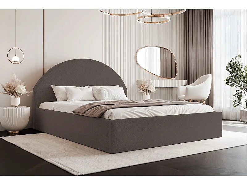 BESILIO Lit tapissé Boucle 200×200 Velora – sommier à lattes, tête de lit, coffre de rangement, lit slim – Marron