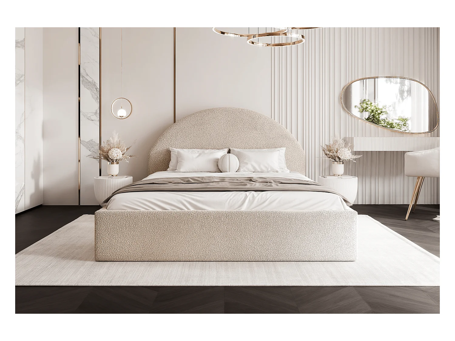 BESILIO Łóżko tapicerowane Boucle 180x200 Velora- stelaż listwowy, wezgłowie, pojemnik, łóżko slim - Kremowy