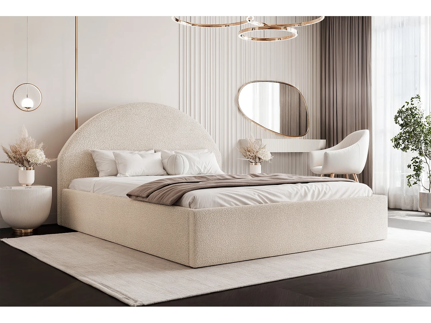 BESILIO Łóżko tapicerowane Boucle 180x200 Velora- stelaż listwowy, wezgłowie, pojemnik, łóżko slim - Kremowy