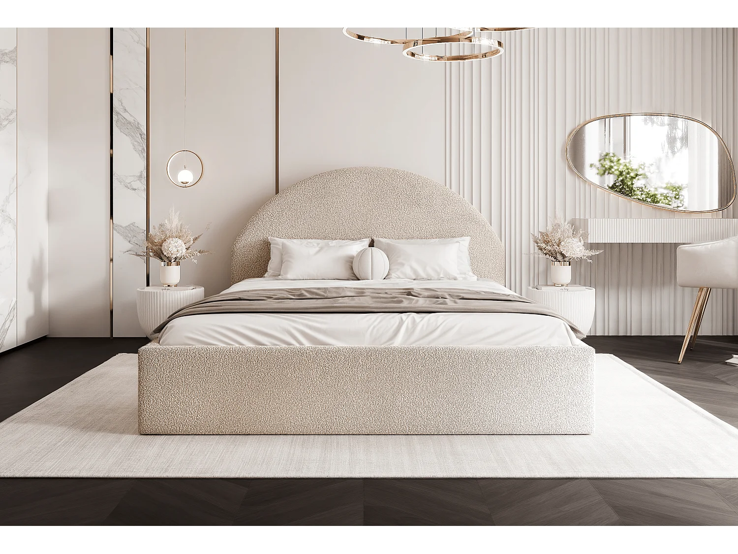 BESILIO Łóżko tapicerowane Boucle 180x200 Velora- stelaż listwowy, wezgłowie, pojemnik, łóżko slim - Kremowy