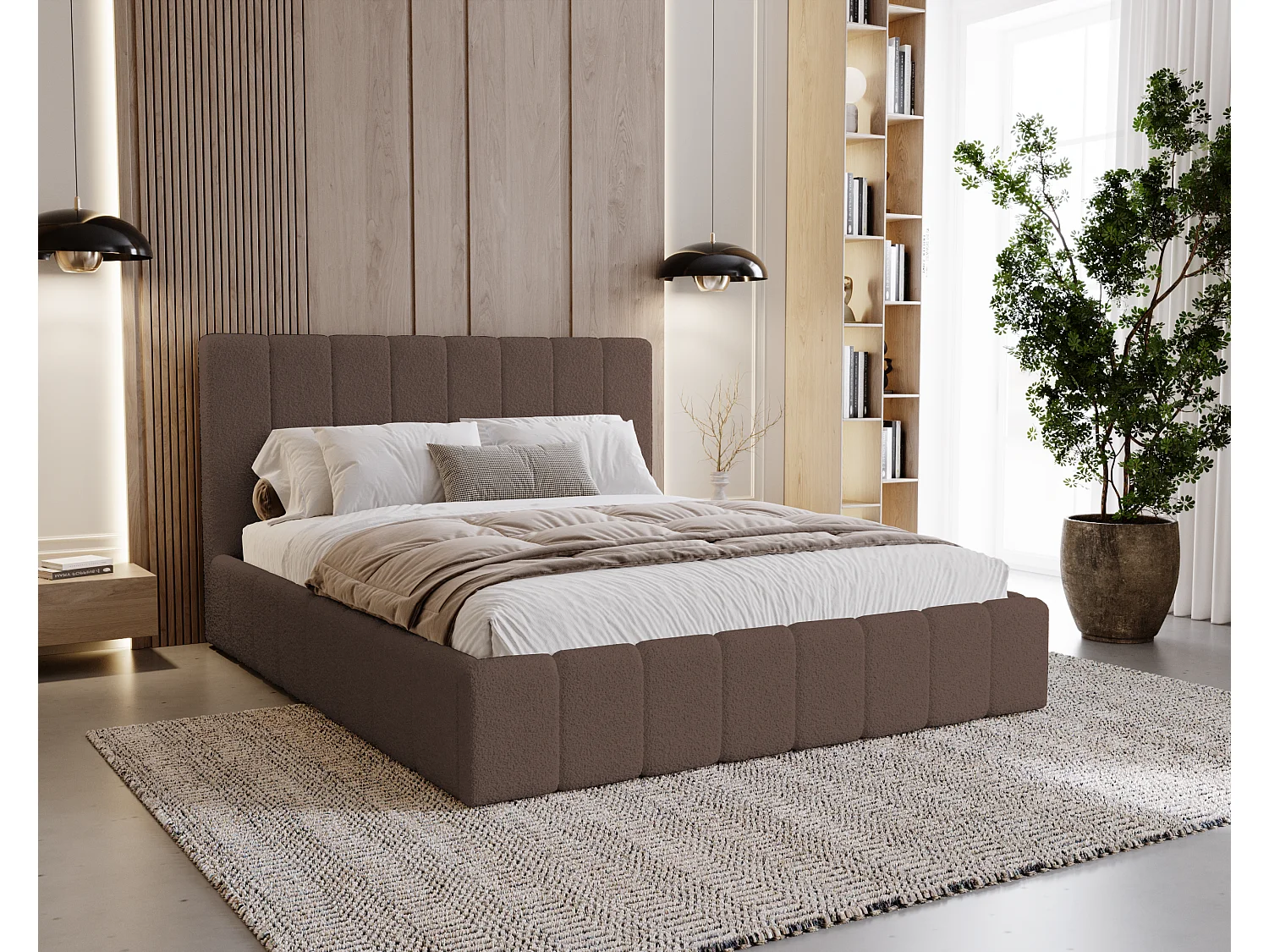 BESILIO Lit de chambre Slim 180x200 Lexy – cadre en métal, coffre de rangement pour le linge de lit, lit fin, tissu bouclé – Marron