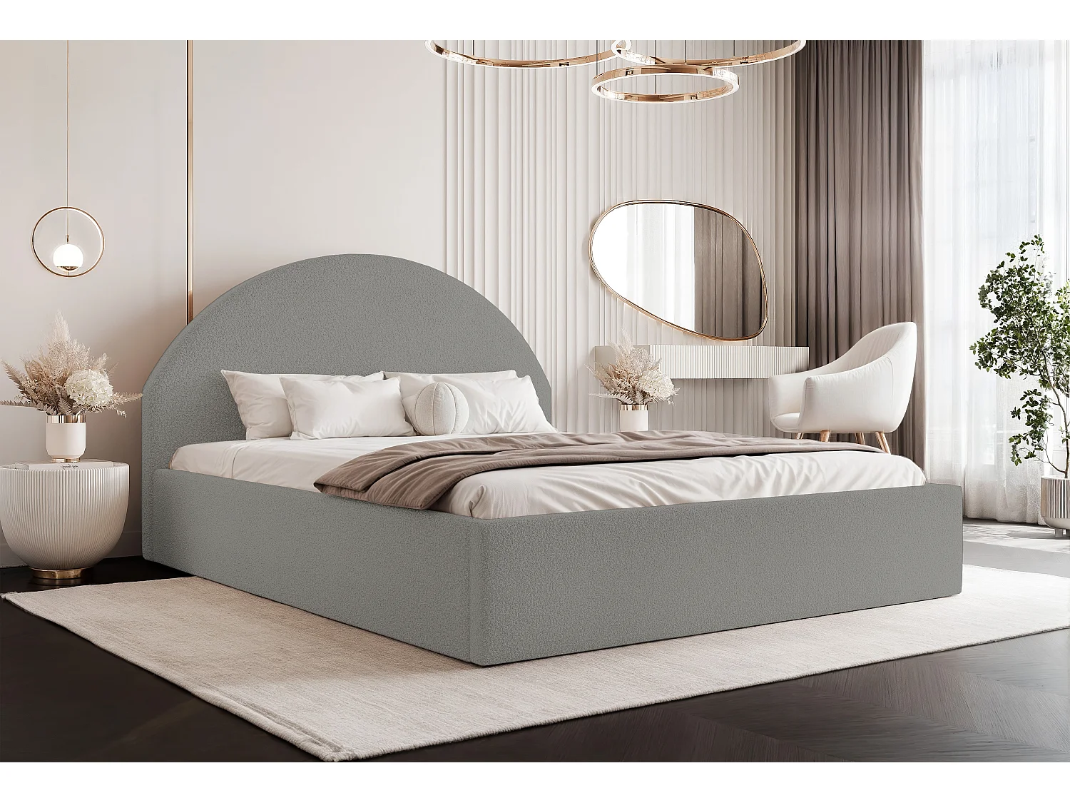 BESILIO Łóżko tapicerowane Boucle 200x200 Velora - stelaż listwowy, wezgłowie, pojemnik, łóżko slim - Jasnoszary