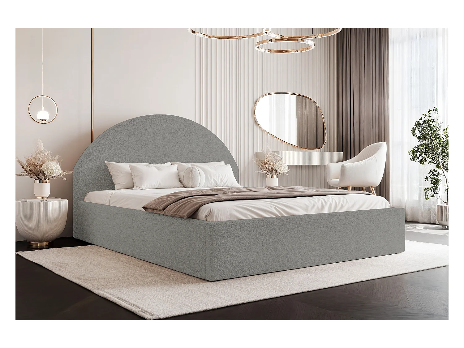 BESILIO Łóżko tapicerowane Boucle 180x200 Velora - stelaż listwowy, wezgłowie, pojemnik, łóżko slim - Jasnoszary