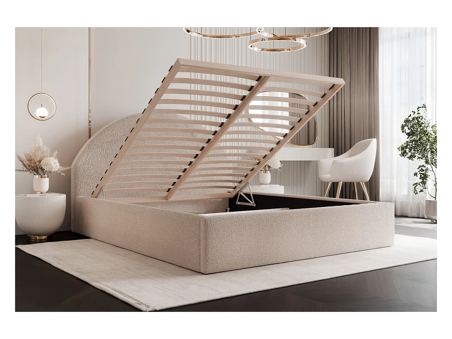 BESILIO Łóżko tapicerowane Boucle 180x200 Velora - stelaż listwowy, wezgłowie, pojemnik, łóżko slim - Jasnoszary