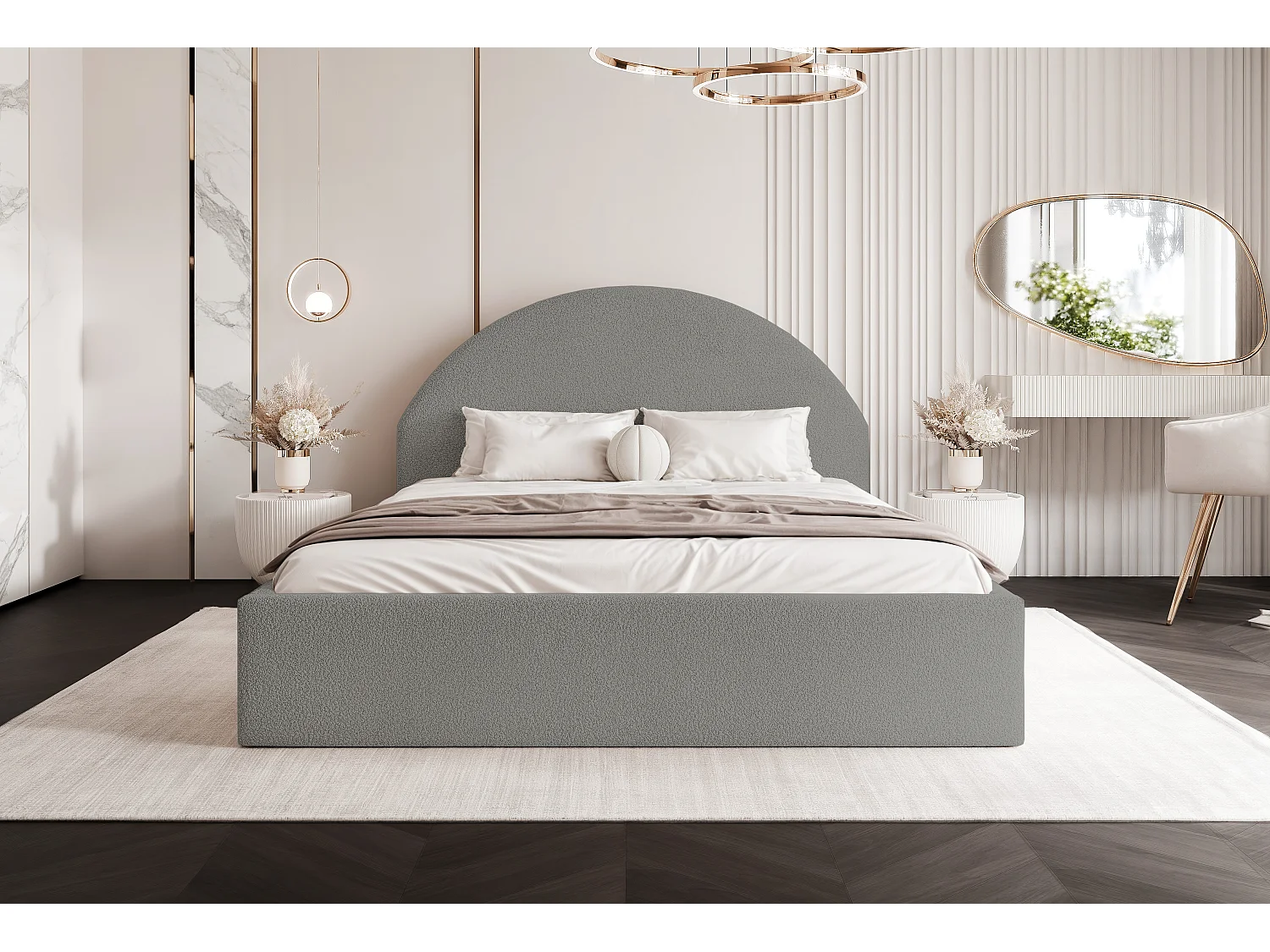 BESILIO Łóżko tapicerowane Boucle 180x200 Velora - stelaż listwowy, wezgłowie, pojemnik, łóżko slim - Jasnoszary