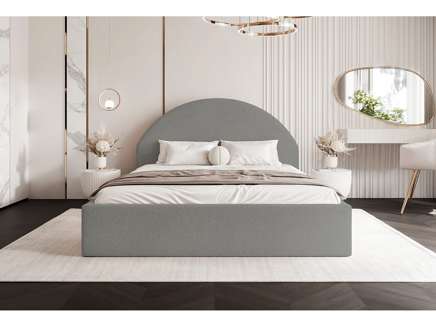 BESILIO Lit tapissé Boucle 180×200 Velora – sommier à lattes, tête de lit, coffre de rangement, lit slim – Gris clair