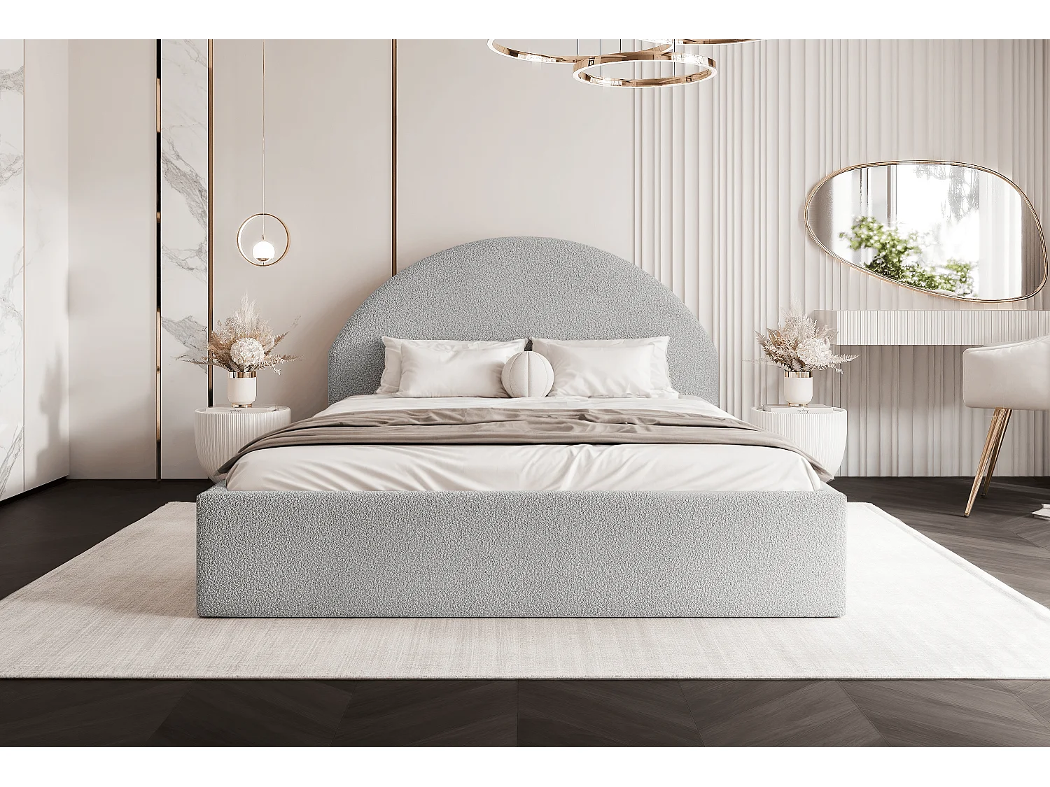 BESILIO Lit tapissé Boucle 180×200 Velora – sommier à lattes, tête de lit, coffre de rangement, lit slim – Gris clair