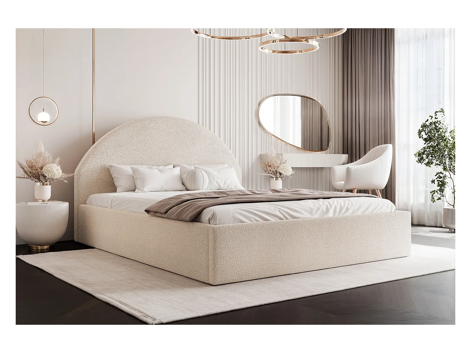 BESILIO Łóżko tapicerowane Boucle 160x200 Velora- stelaż listwowy, wezgłowie, pojemnik, łóżko slim - Kremowy