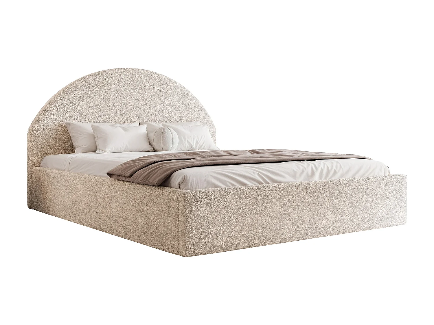 BESILIO Łóżko tapicerowane Boucle 160x200 Velora- stelaż listwowy, wezgłowie, pojemnik, łóżko slim - Kremowy