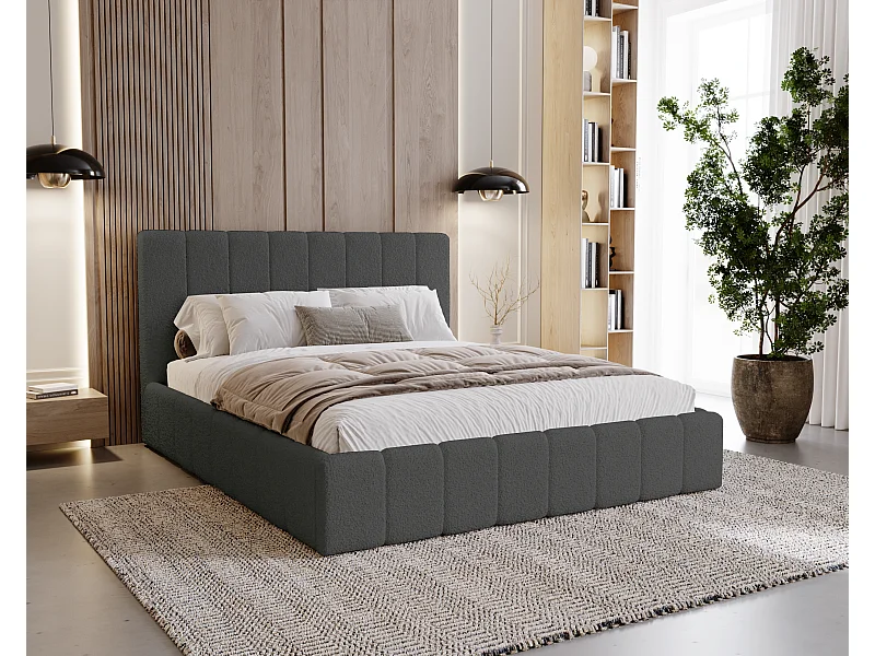 BESILIO Sypialnia łóżko slim 180x200 Lexy - stelaż metalowy, pojemnik na pościel, slim łóżko, tkanina boucle - Szary