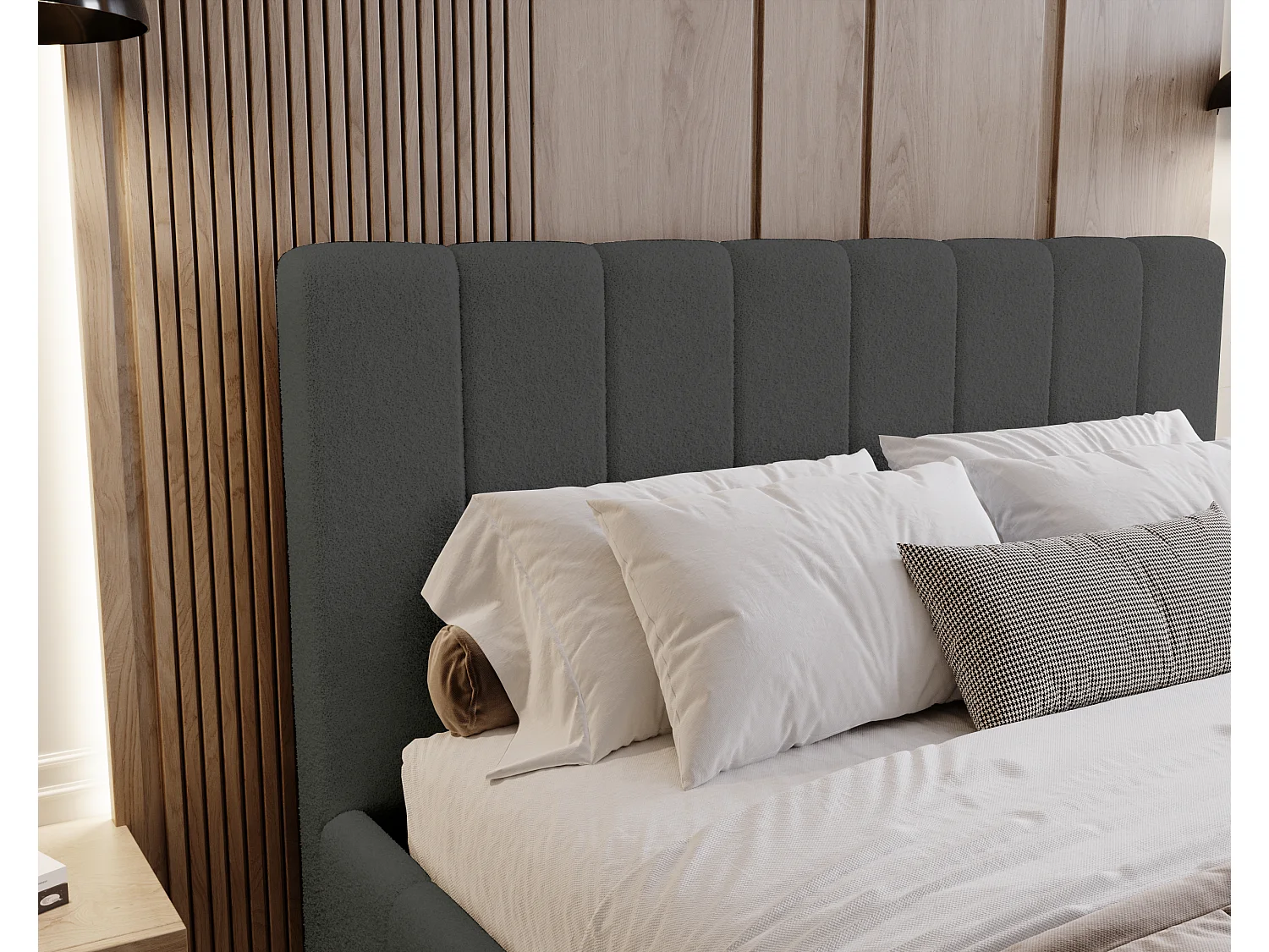 BESILIO Sypialnia łóżko slim 180x200 Lexy - stelaż metalowy, pojemnik na pościel, slim łóżko, tkanina boucle - Szary