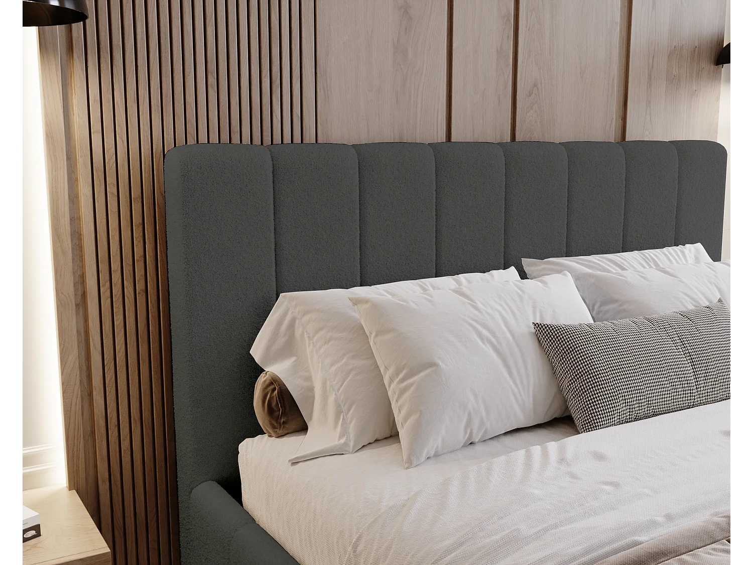 BESILIO Lit de chambre Slim 180x200 Lexy – cadre en métal, coffre de rangement pour le linge de lit, lit fin, tissu bouclé – Gris