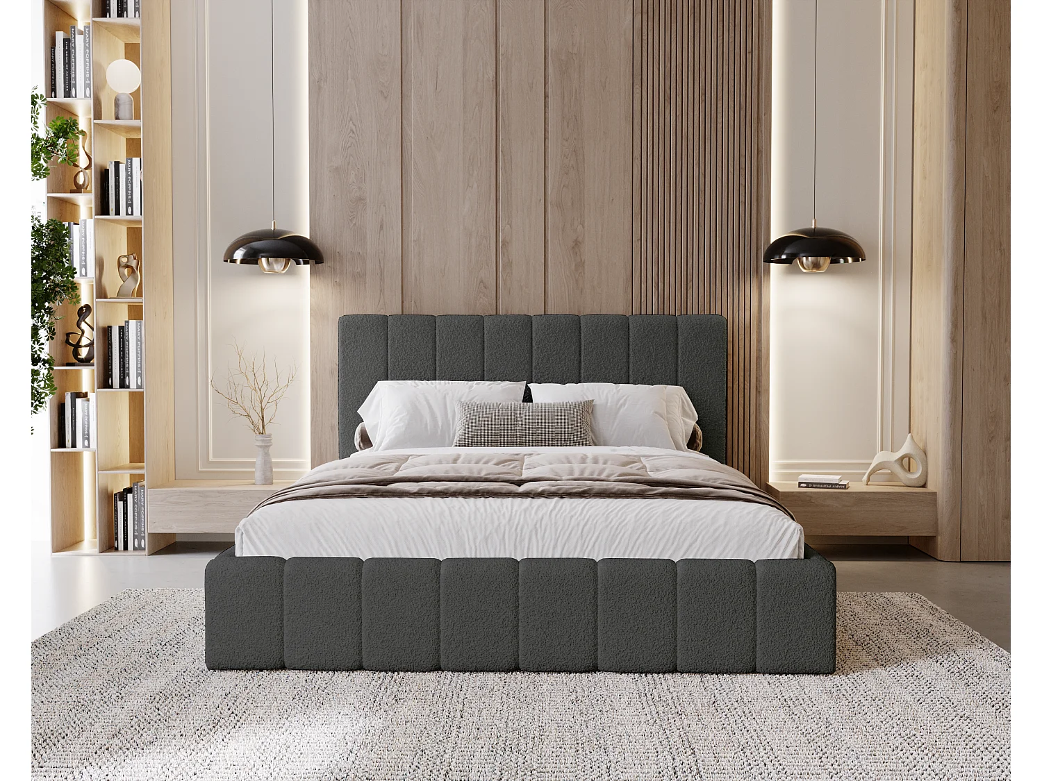 BESILIO Sypialnia łóżko slim 180x200 Lexy - stelaż metalowy, pojemnik na pościel, slim łóżko, tkanina boucle - Szary