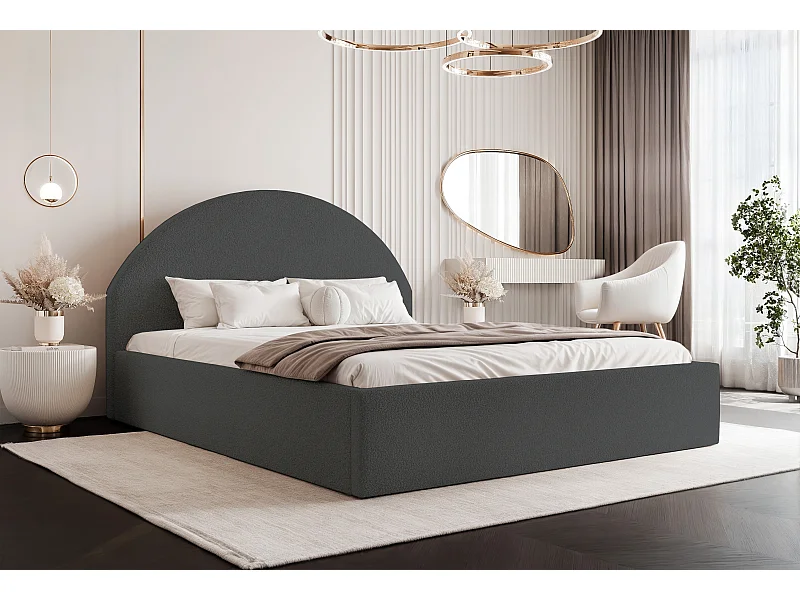 BESILIO Łóżko tapicerowane Boucle 180x200 Velora - stelaż listwowy, wezgłowie, pojemnik, łóżko slim - Szary