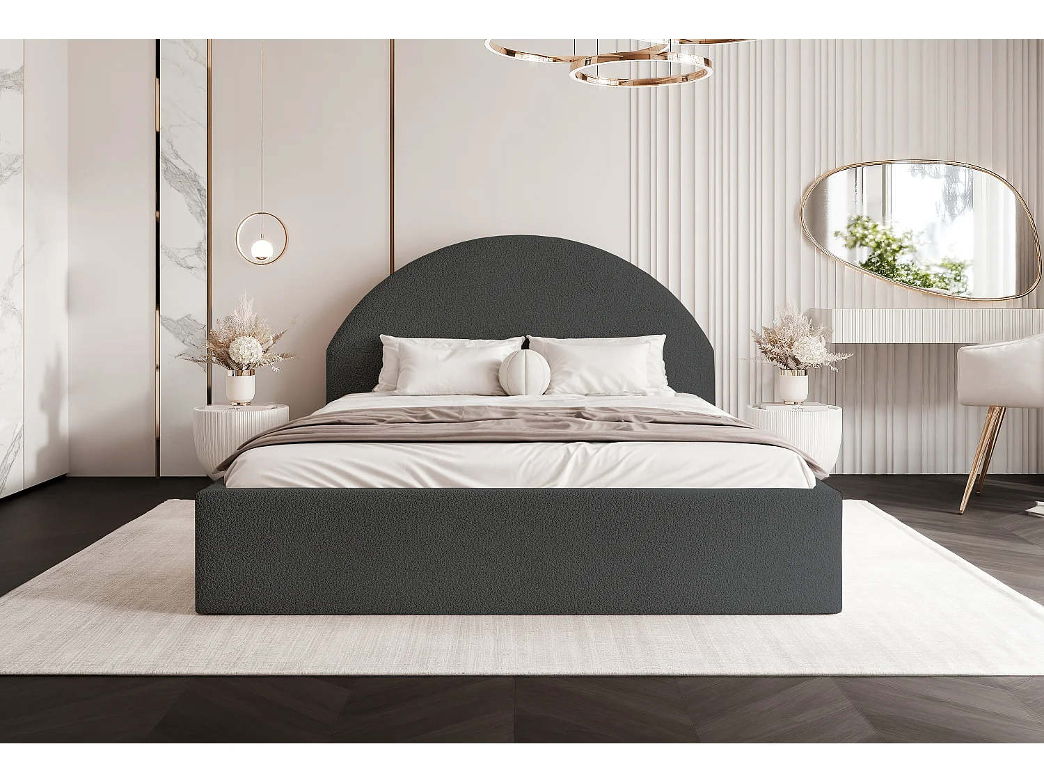 BESILIO Łóżko tapicerowane Boucle 180x200 Velora - stelaż listwowy, wezgłowie, pojemnik, łóżko slim - Szary