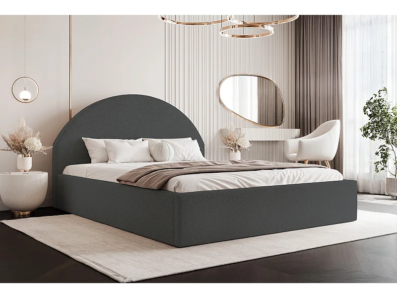 BESILIO Lit tapissé Boucle 180×200 Velora– sommier à lattes, tête de lit, coffre de rangement, lit slim – Gris