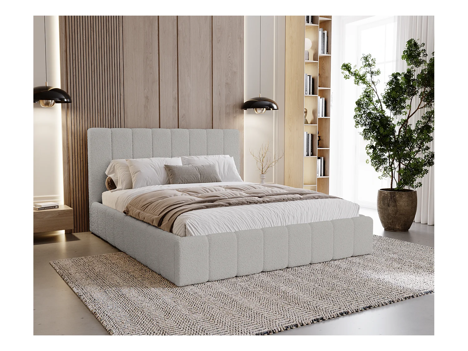 BESILIO Sypialnia łóżko slim 200x200 Lexy - stelaż metalowy, pojemnik na pościel, slim łóżko, tkanina boucle - Jasnoszary