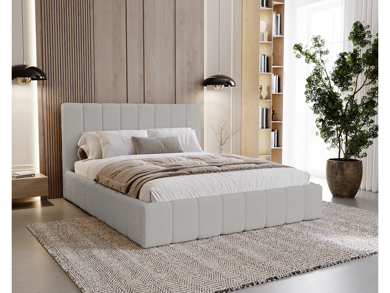 BESILIO Sypialnia łóżko slim 200x200 Lexy - stelaż metalowy, pojemnik na pościel, slim łóżko, tkanina boucle - Jasnoszary