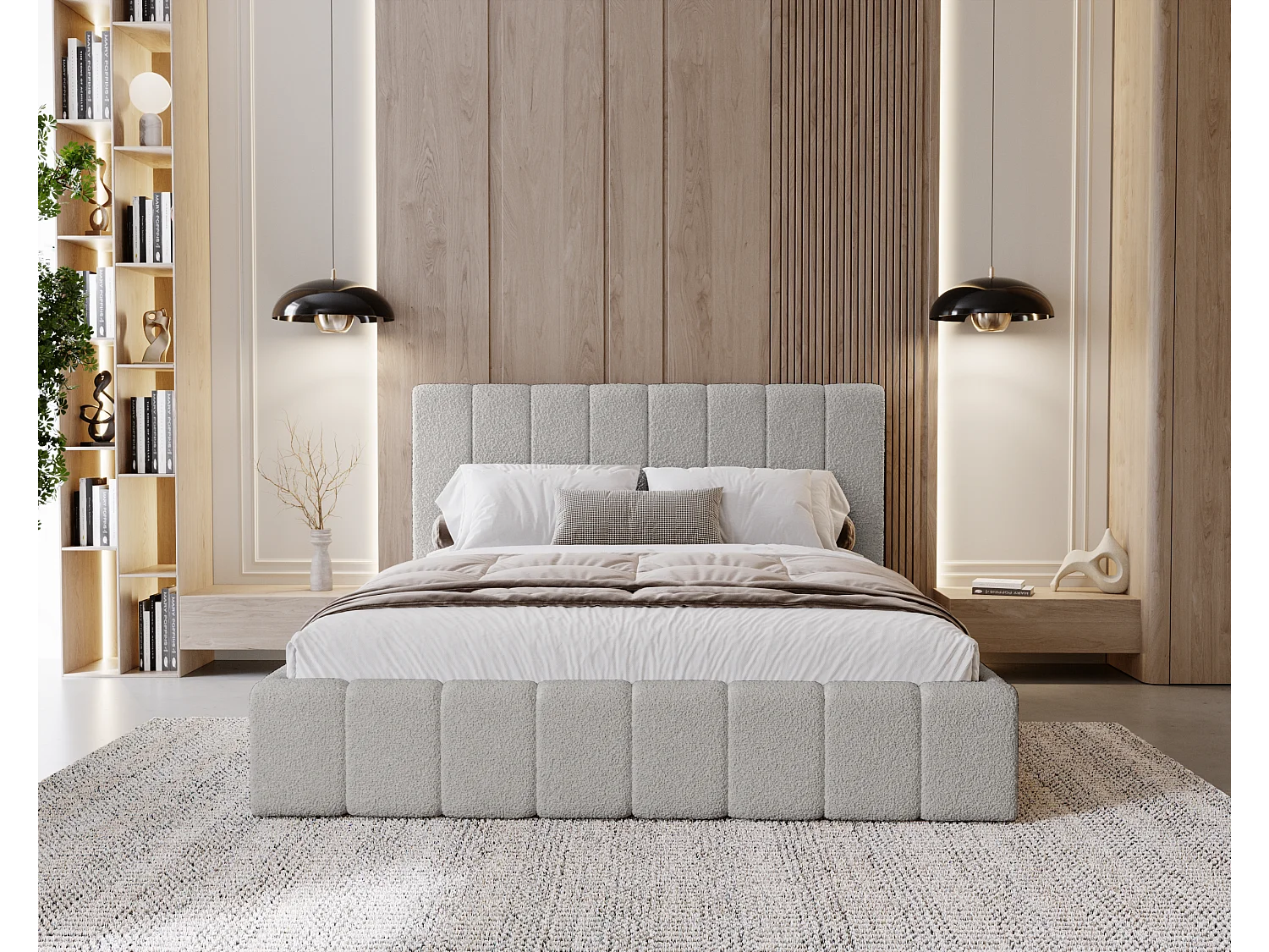 BESILIO Sypialnia łóżko slim 200x200 Lexy - stelaż metalowy, pojemnik na pościel, slim łóżko, tkanina boucle - Jasnoszary