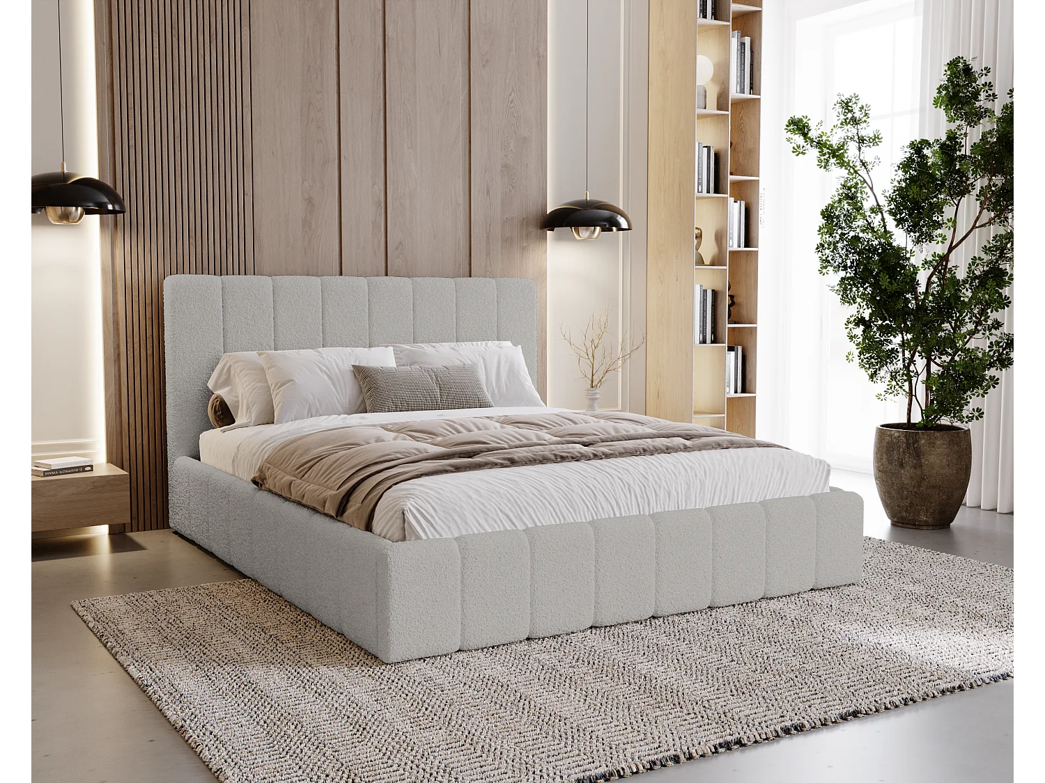 BESILIO Slaapkamerbed Slim 200x200 Lexy – metalen frame, opbergruimte voor beddengoed, slank bed, boucléstof – Lichtgrijs