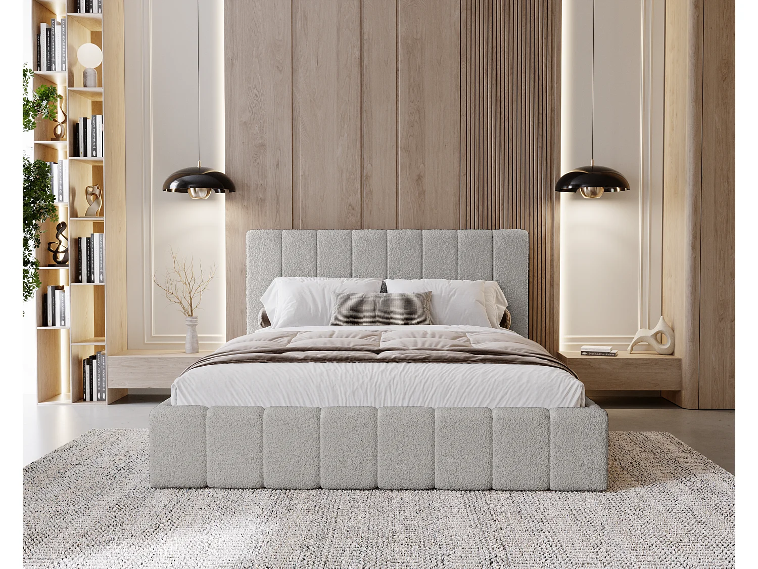 BESILIO Slaapkamerbed Slim 200x200 Lexy – metalen frame, opbergruimte voor beddengoed, slank bed, boucléstof – Lichtgrijs