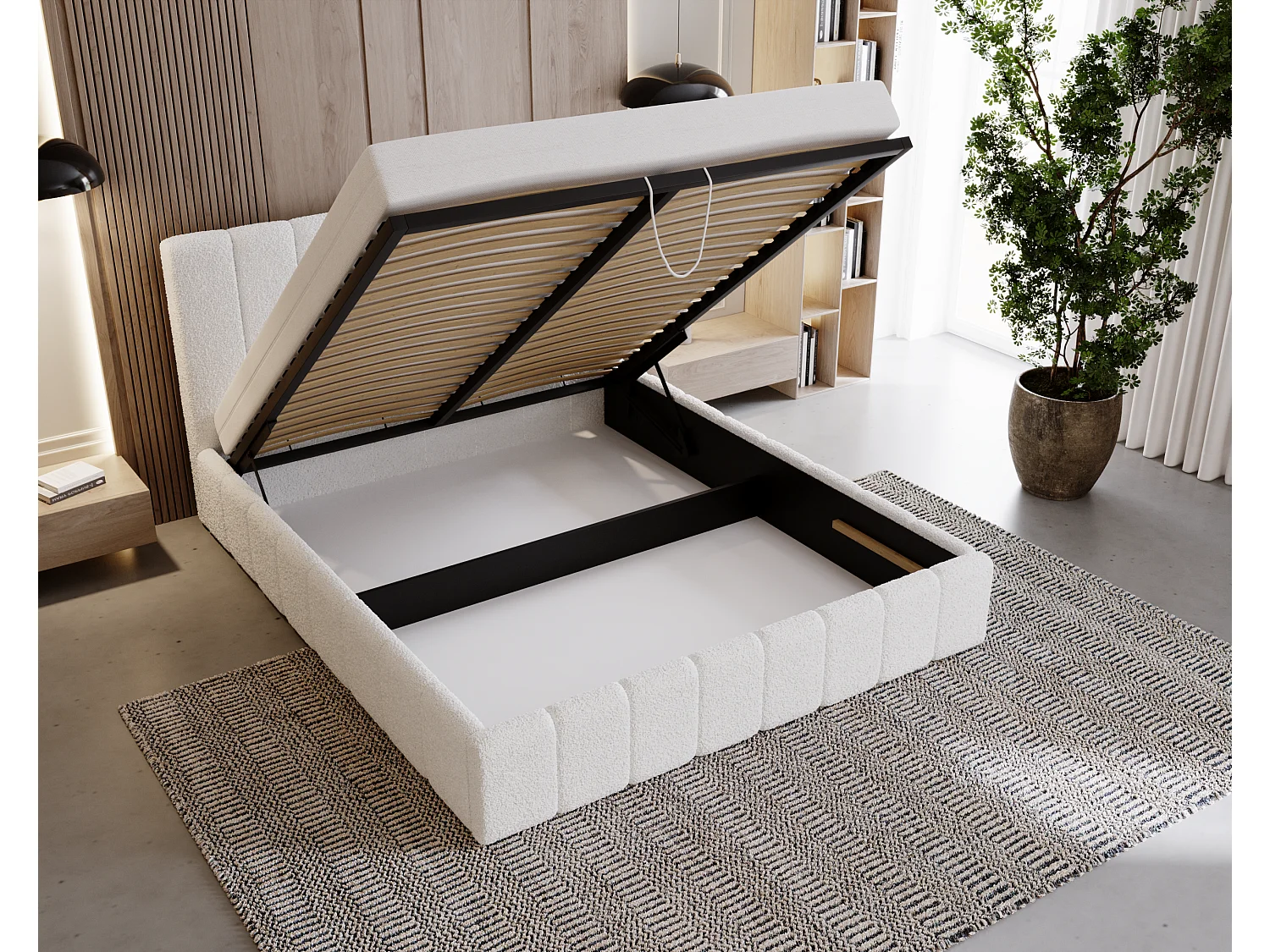 BESILIO Slaapkamerbed Slim 200x200 Lexy – metalen frame, opbergruimte voor beddengoed, slank bed, boucléstof – Lichtgrijs