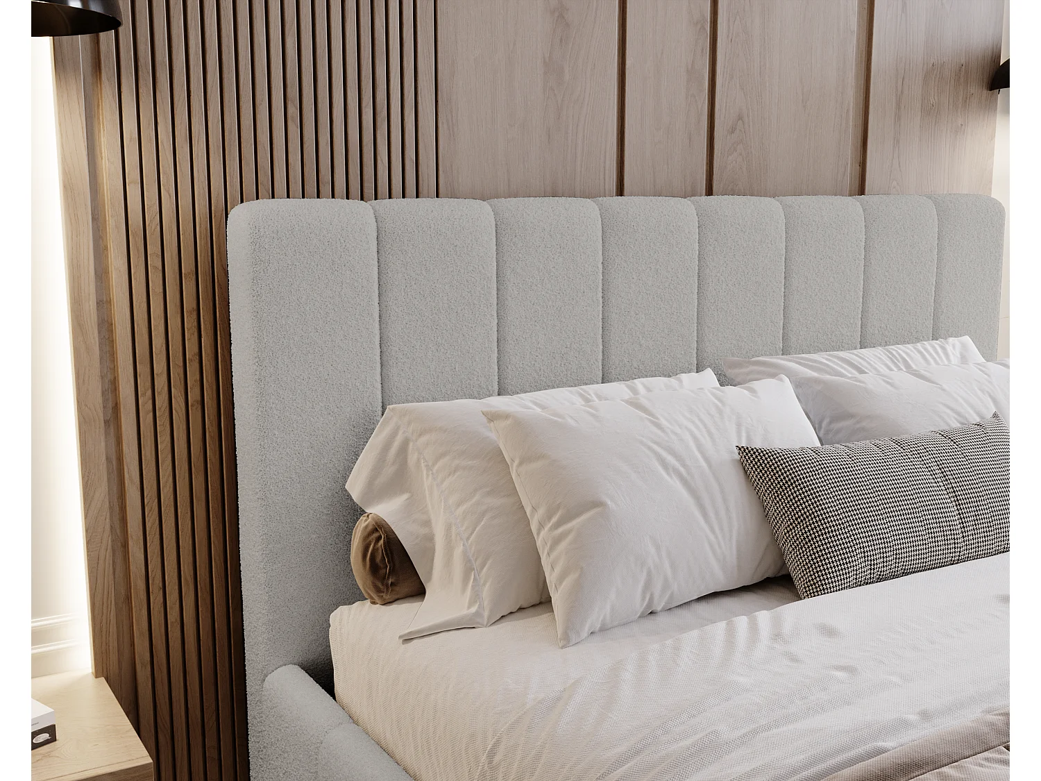 BESILIO Slaapkamerbed Slim 200x200 Lexy – metalen frame, opbergruimte voor beddengoed, slank bed, boucléstof – Lichtgrijs