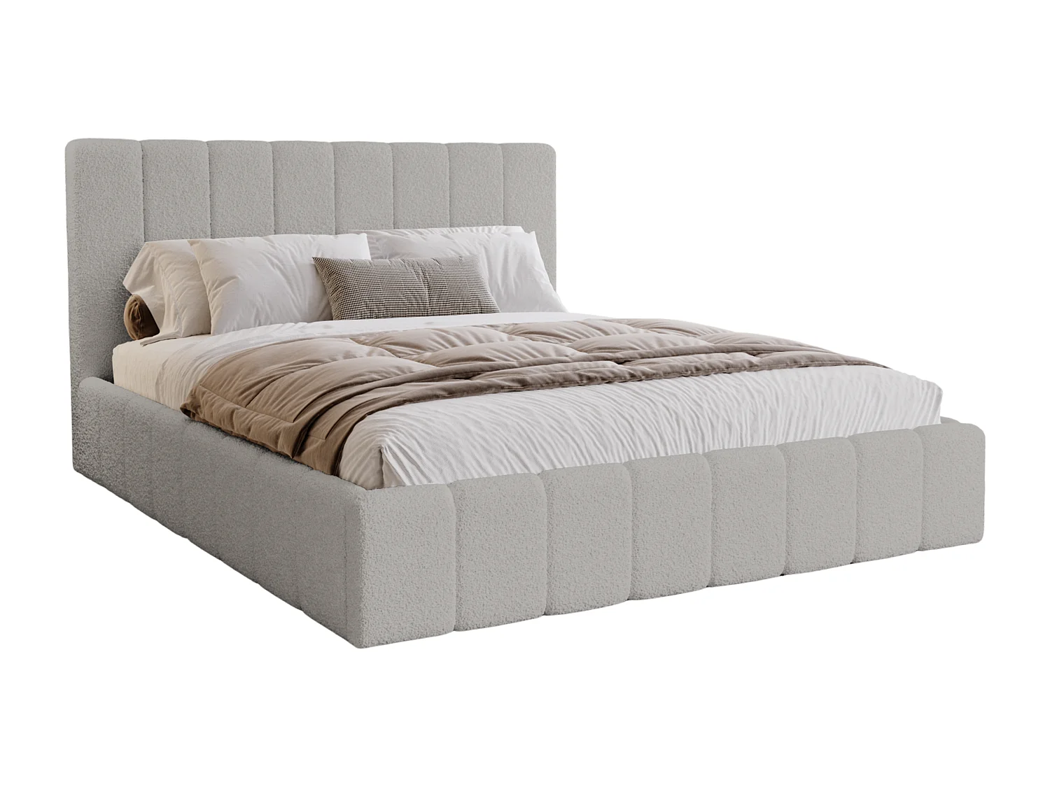 BESILIO Slaapkamerbed Slim 200x200 Lexy – metalen frame, opbergruimte voor beddengoed, slank bed, boucléstof – Lichtgrijs