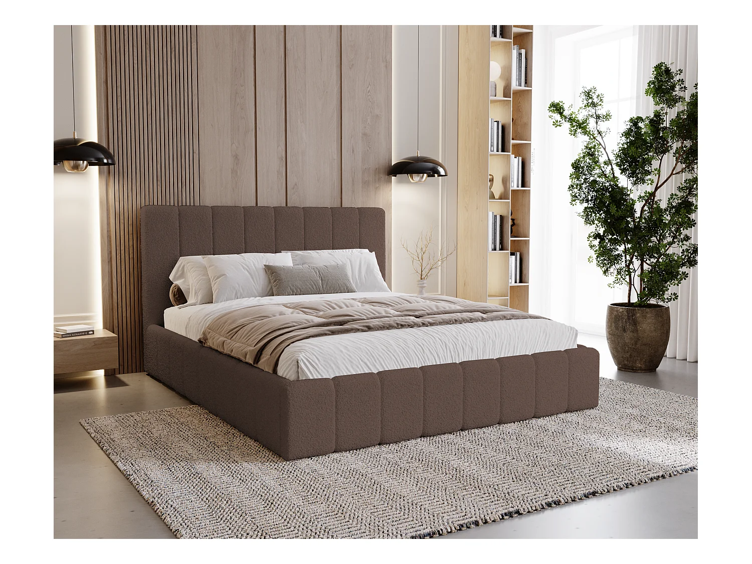 BESILIO Sypialnia łóżko slim 140x200 Lexy - stelaż metalowy, pojemnik na pościel, slim łóżko, tkanina boucle - Brązowy