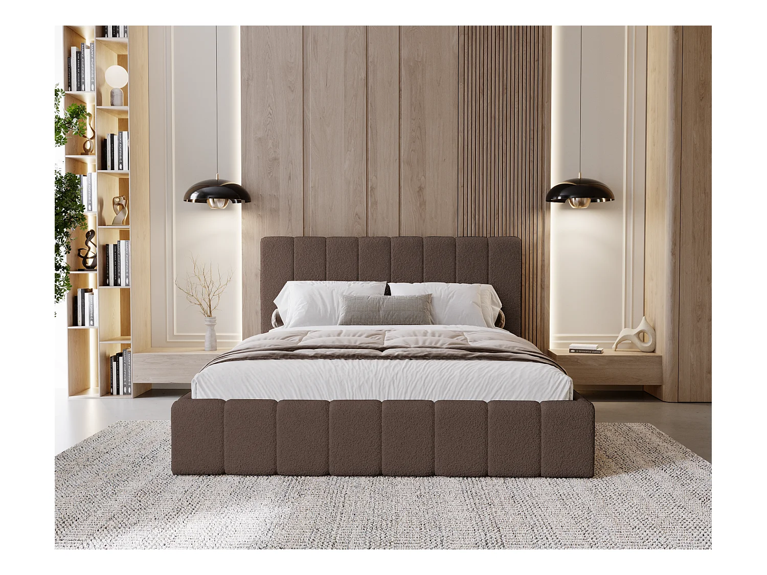 BESILIO Sypialnia łóżko slim 140x200 Lexy - stelaż metalowy, pojemnik na pościel, slim łóżko, tkanina boucle - Brązowy