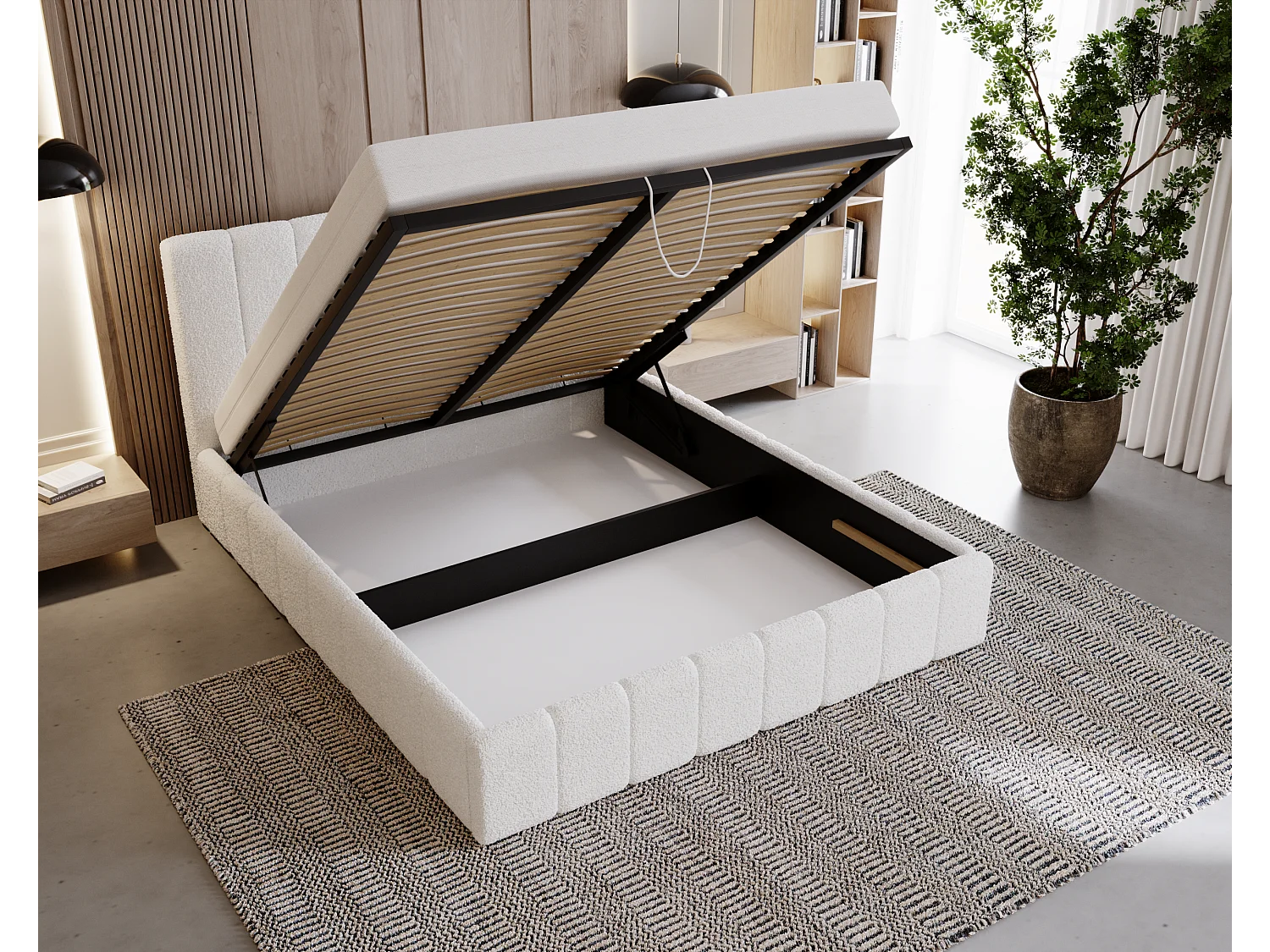 BESILIO Sypialnia łóżko slim 140x200 Lexy - stelaż metalowy, pojemnik na pościel, slim łóżko, tkanina boucle - Brązowy