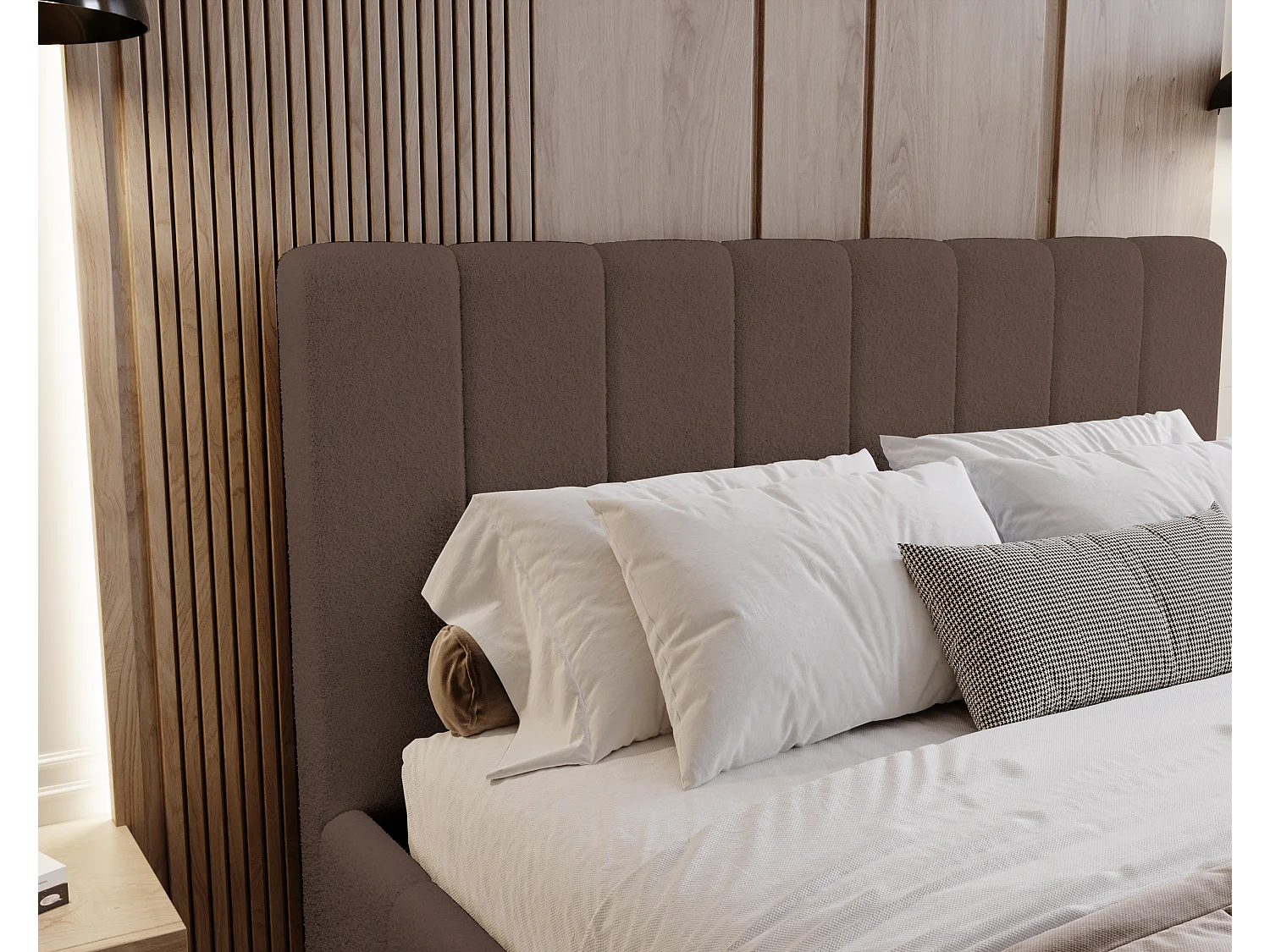 BESILIO Sypialnia łóżko slim 140x200 Lexy - stelaż metalowy, pojemnik na pościel, slim łóżko, tkanina boucle - Brązowy