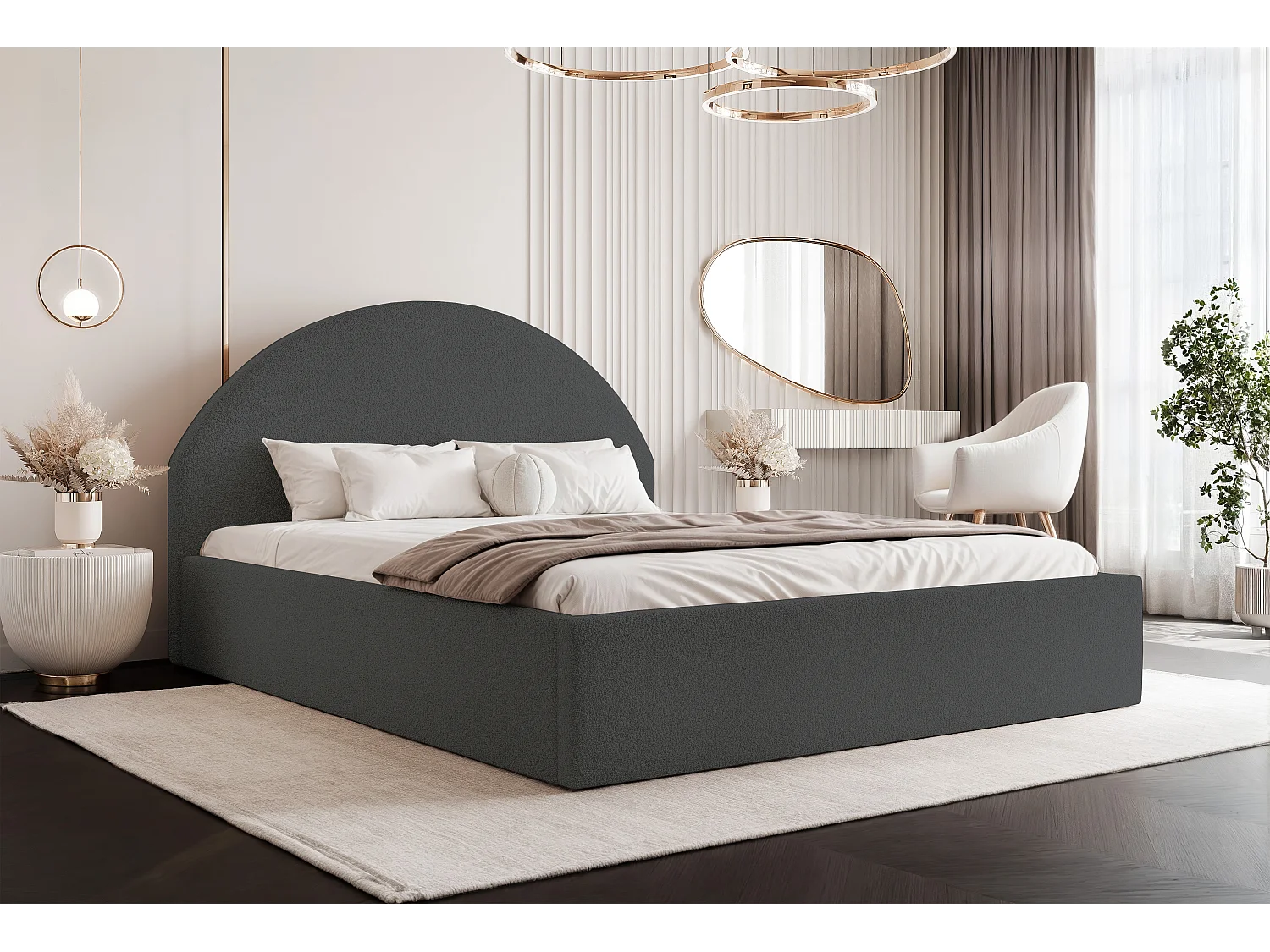 BESILIO Lit tapissé Boucle 140×200 Velora– sommier à lattes, tête de lit, coffre de rangement, lit slim – Gris