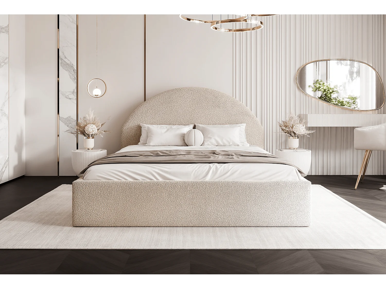 BESILIO Łóżko tapicerowane Boucle 120x200 Velora- stelaż listwowy, wezgłowie, pojemnik, łóżko slim - Kremowy
