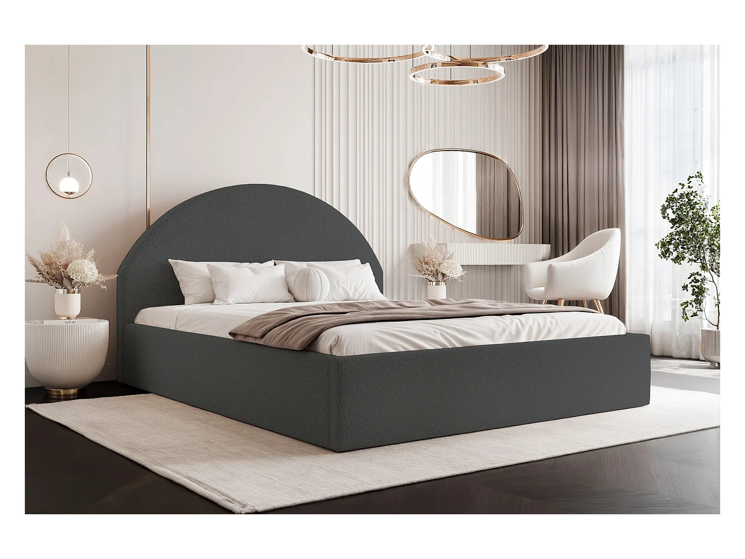 BESILIO Łóżko tapicerowane Boucle 200x200 Velora - stelaż listwowy, wezgłowie, pojemnik, łóżko slim - Szary