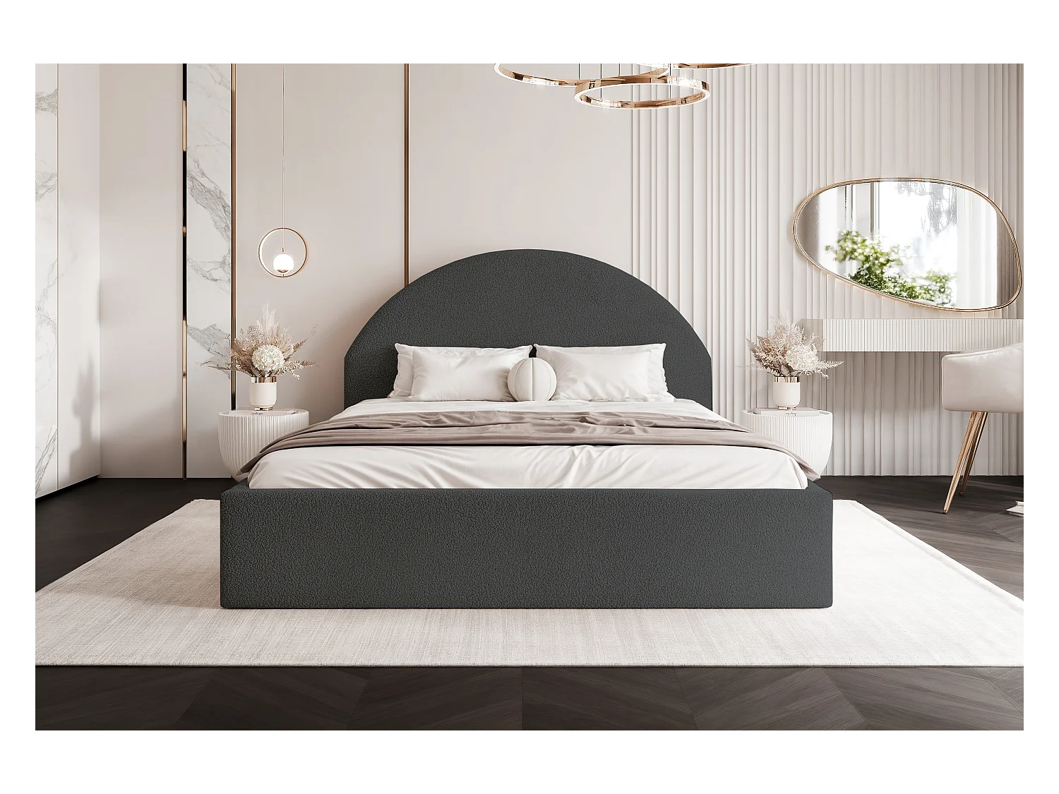 BESILIO Łóżko tapicerowane Boucle 200x200 Velora - stelaż listwowy, wezgłowie, pojemnik, łóżko slim - Szary