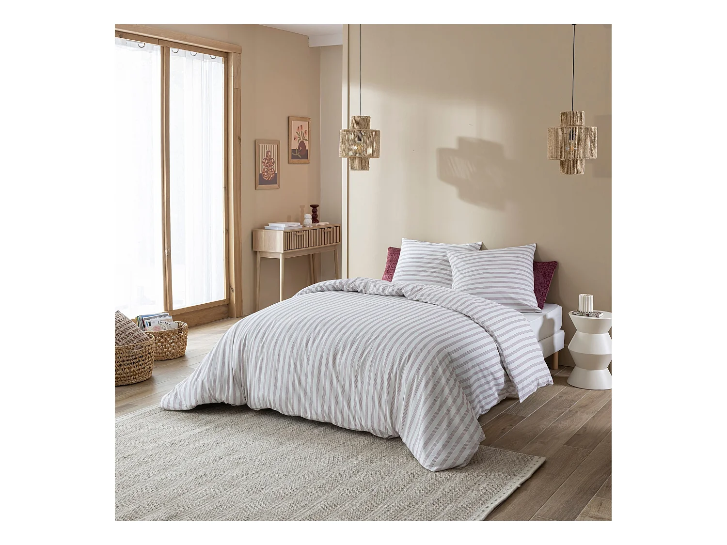 Parure de lit 140x200 coton à rayures bordeaux Terre de Nuit Pointillé