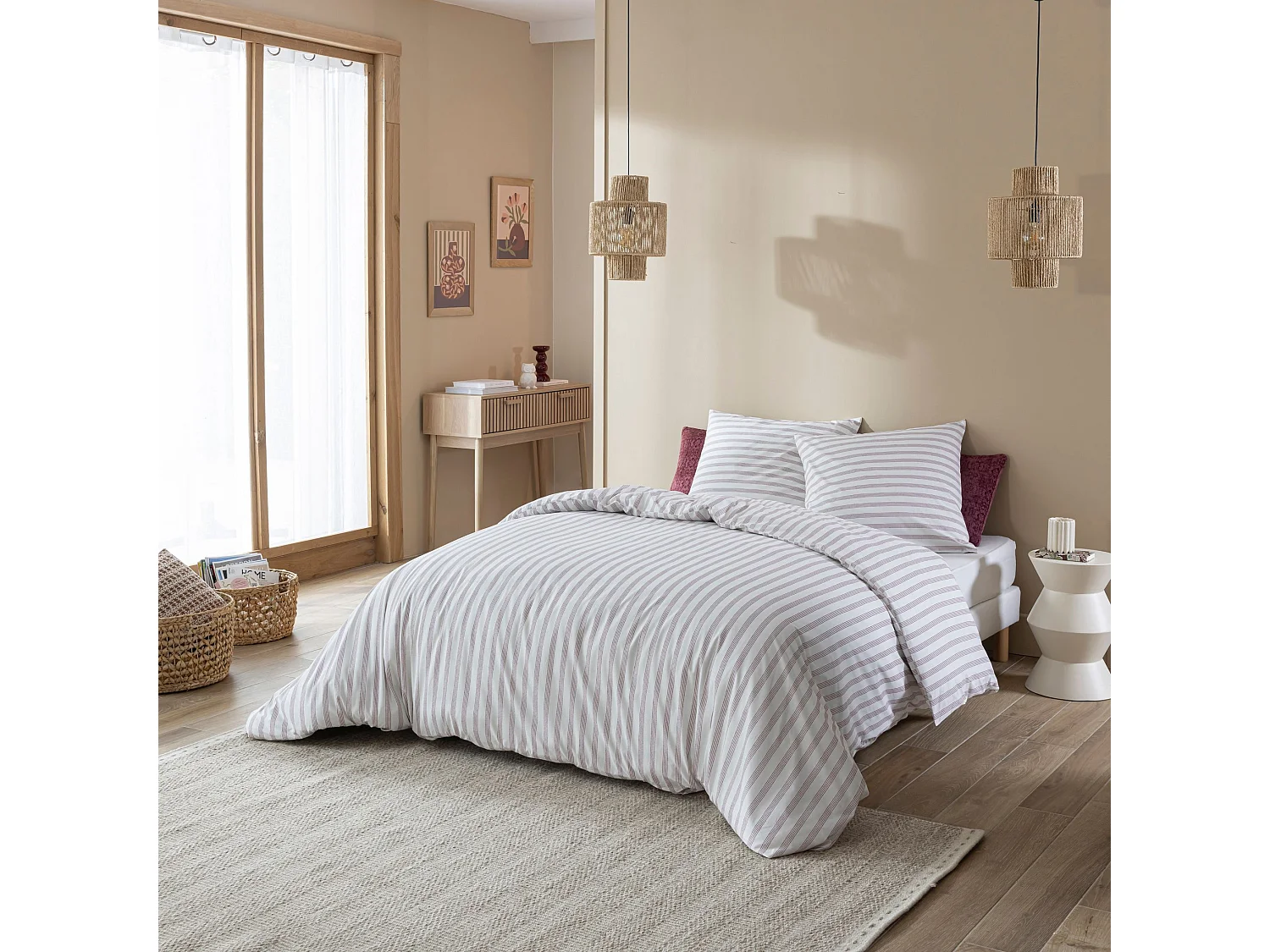 Parure de lit 140x200 coton à rayures bordeaux Terre de Nuit Pointillé