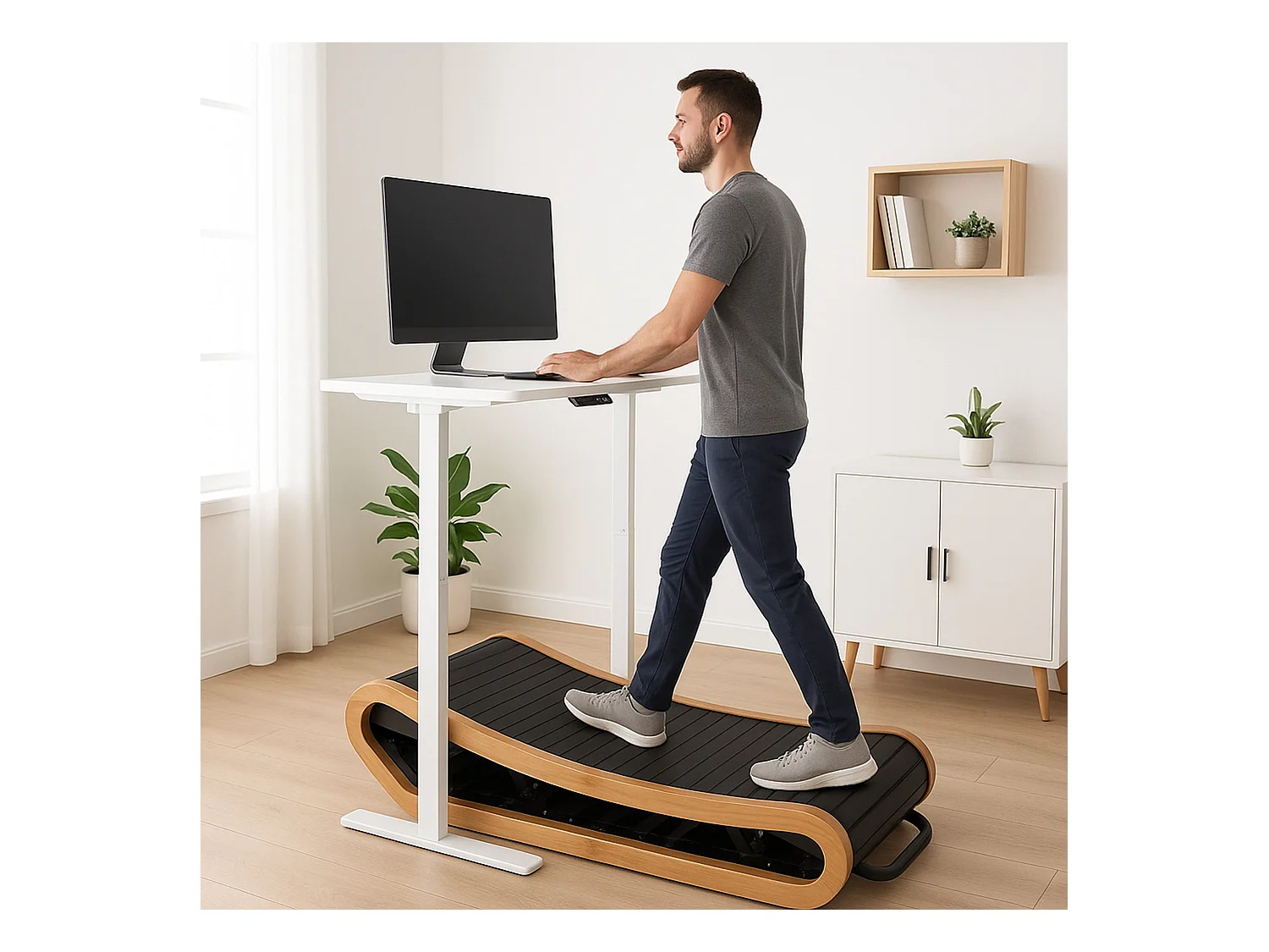Tapis de Course Courbé Chêne Sous-Bureau Manuel Alimenté Silencieux Maison