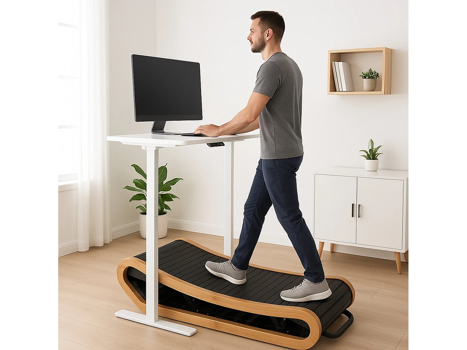 Tapis de Course Courbé Chêne Sous-Bureau Manuel Alimenté Silencieux Maison