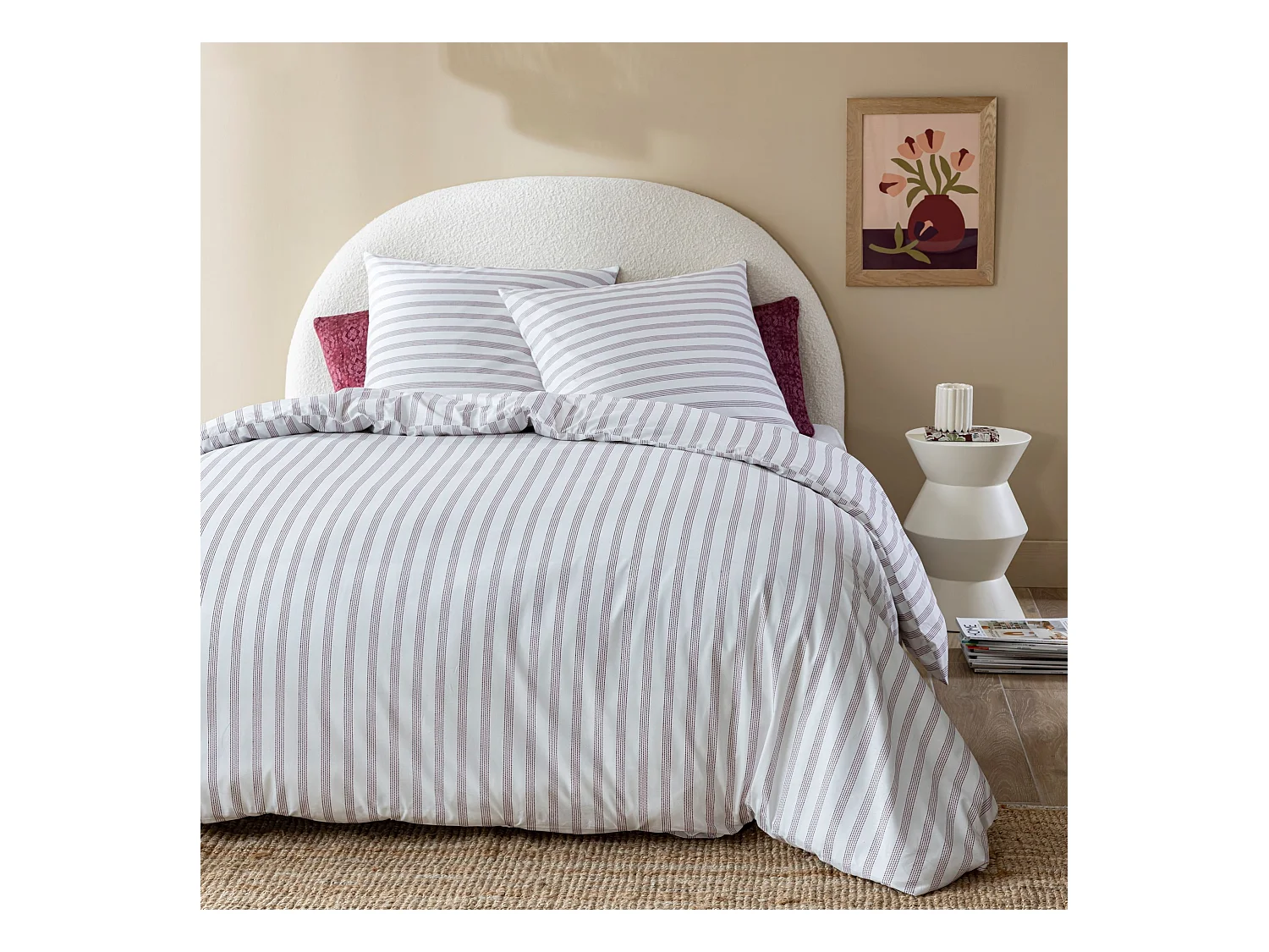 Parure de lit 240x220 coton à rayures bordeaux Terre de Nuit Pointillé