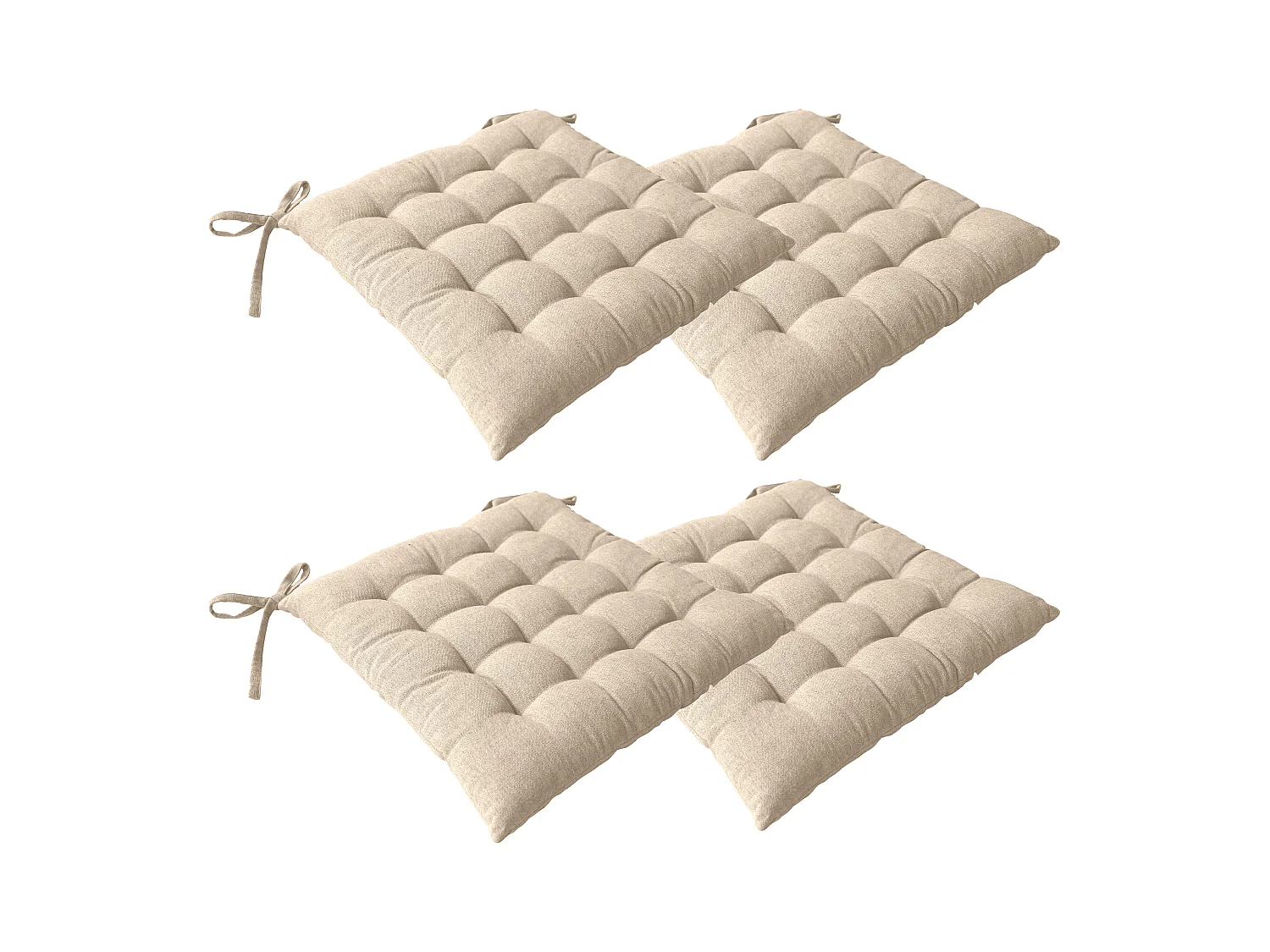 4 galettes piquées carré, 38x38cm, beige sable, avec nouettes, effet chambray, collection Dune