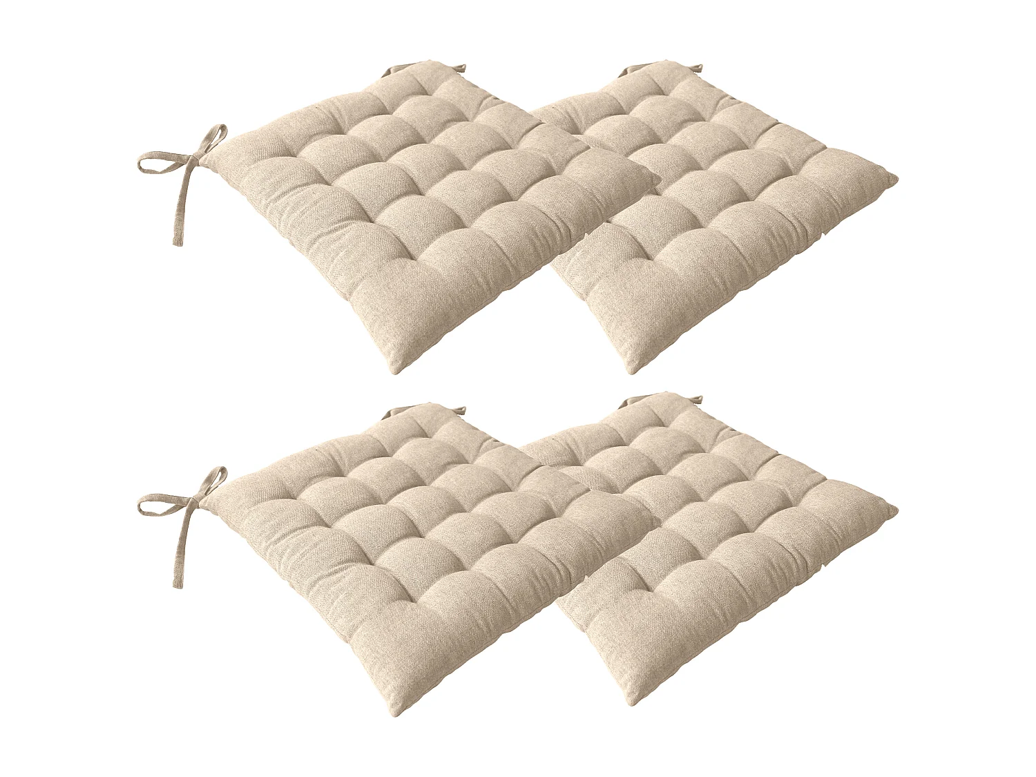 4 galettes piquées carré, 38x38cm, beige sable, avec nouettes, effet chambray, collection Dune