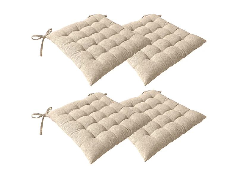 4 galettes piquées carré, 38x38cm, beige sable, avec nouettes, effet chambray, collection Dune