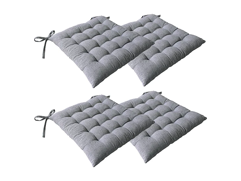 4 galettes piquées carré, 38x38cm, gris clair, avec nouettes, effet chambray, collection Dune