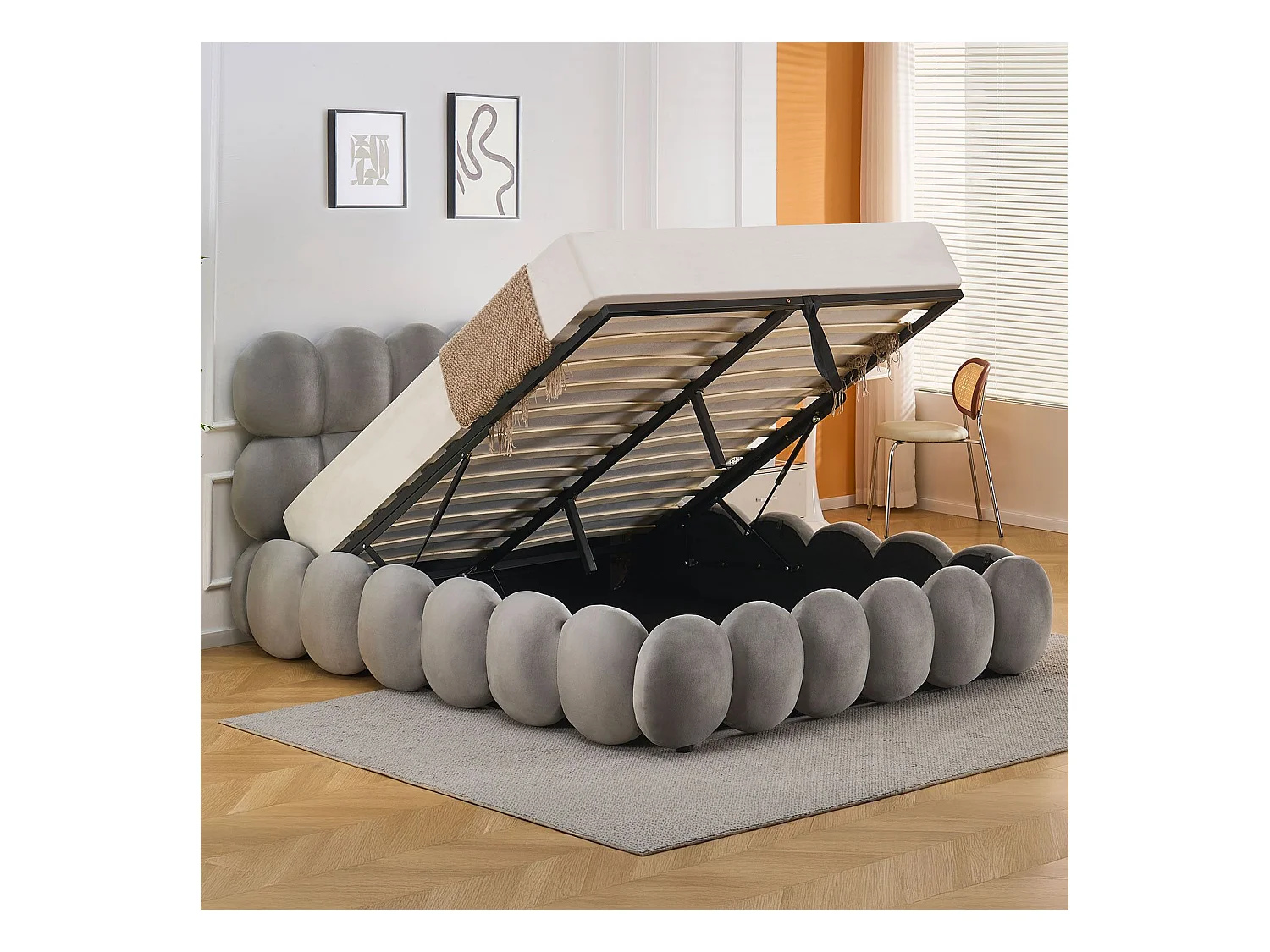 Lit-coffre design boule Bilbola avec sommier relevable 140x190cm Velours Gris