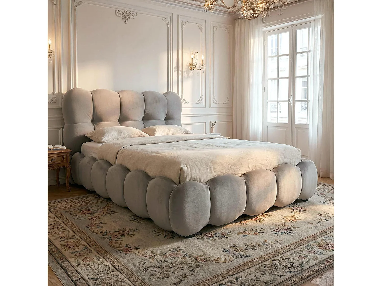 Lit-coffre design boule Bilbola avec sommier relevable 140x200cm Velours Gris