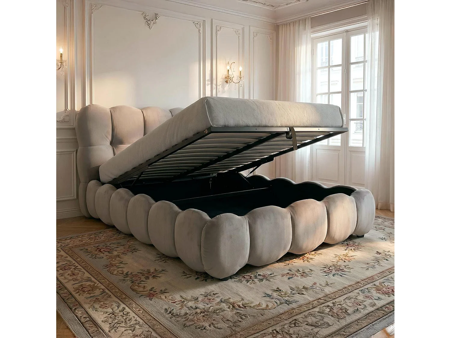 Lit-coffre design boule Bilbola avec sommier relevable 140x200cm Velours Gris