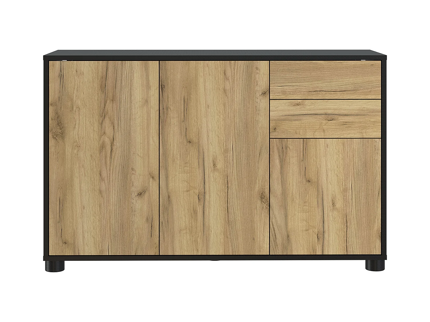 Buffet, Commode avec 3 Portes et 2 tiroirs, Noir Mat/Chêne nature - Longueur 117 x Hauteur 74 x Profondeur 37.5 cm